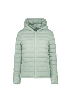 Lichtgroene gewatteerde jas met capuchon, ritssluiting aan de voorkant en lange mouwen, afgebeeld op een witte achtergrond.