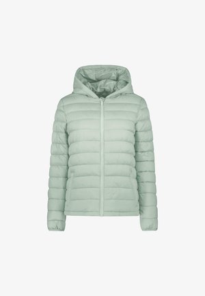 Lichtgroene gewatteerde jas met capuchon, ritssluiting aan de voorkant en lange mouwen, afgebeeld op een witte achtergrond.