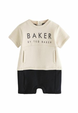 Beige og sort romper-suit lavet af blødt stof, med korte ærmer, rund halsudskæring, frontlommer og grafisk tekst på brystet.