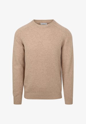 Beige crew-neck sweater made from soft fabric. Features ribbed cuffs and hem, with seamless shoulder design. Smooth texture, casual style.