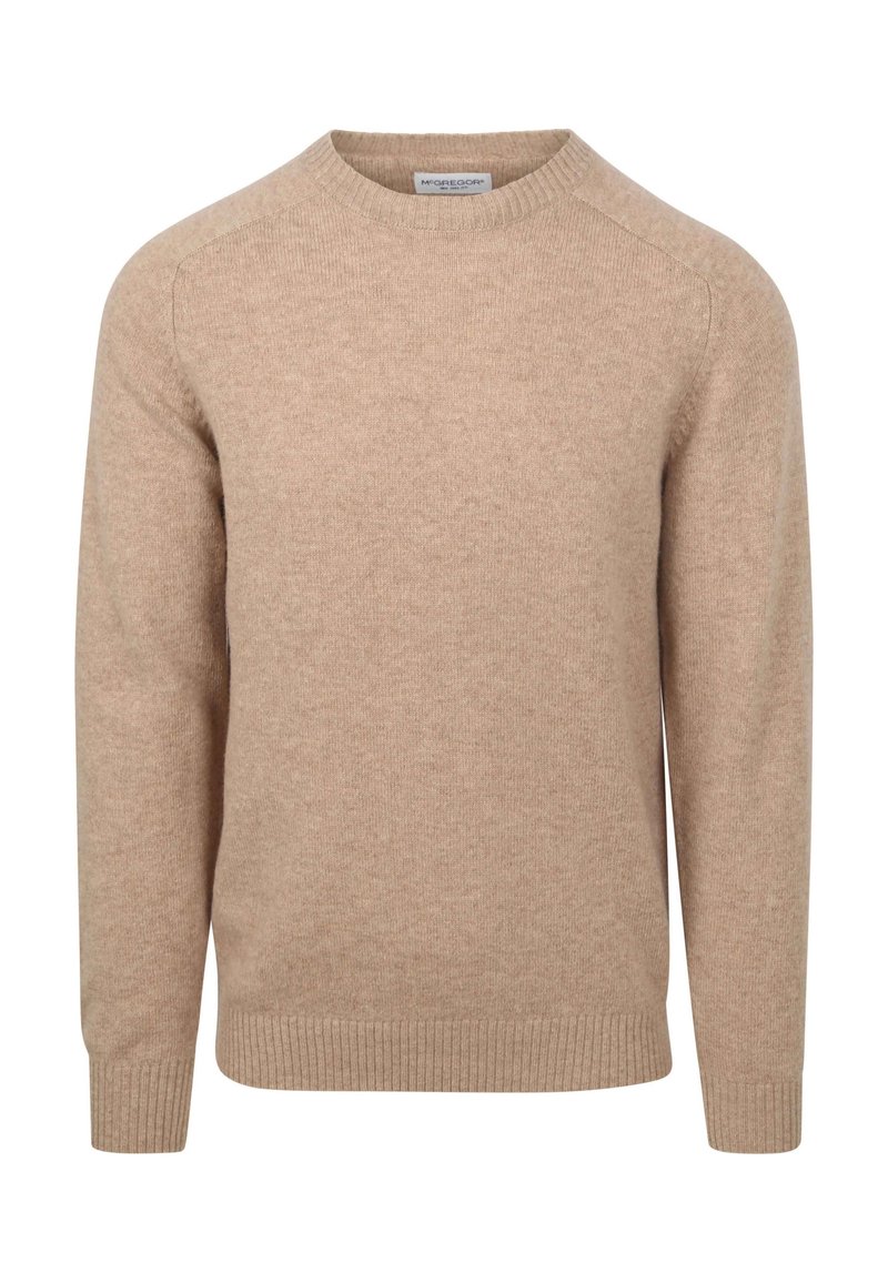 Beige crewneck trui gemaakt van zacht materiaal. Heeft ribgebreide manchetten en zoom, met een naadloze schouderontwerp. Gladde textuur, casual stijl.