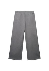 Szare, szerokie spodnie z elastyczną talią. Wykonane z gładkiego, strukturalnego materiału z delikatnym połyskiem. Bez dodatkowych ozdób.