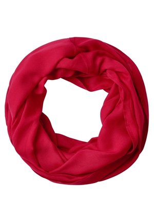 Écharpe infinie rouge vif en tissu doux et léger avec une texture lisse, disposée en boucle circulaire sur un fond blanc.
