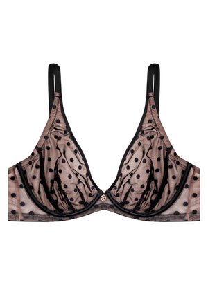 Triangular bra with sheer nude fabric, black polka dots, and black trim. Features a central gold hardware detail. Adjustable straps.