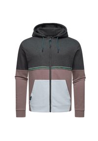 Hooded zip-up sweatshirt featuring a color-block design in dark grey, pink, and white with teal accents and front pockets. Soft fabric texture.