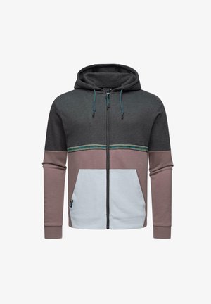 Felpa con cappuccio e zip caratterizzata da un design bicolore in grigio scuro, rosa e bianco con dettagli in teal e tasche frontali. Tessuto morbido al tatto.