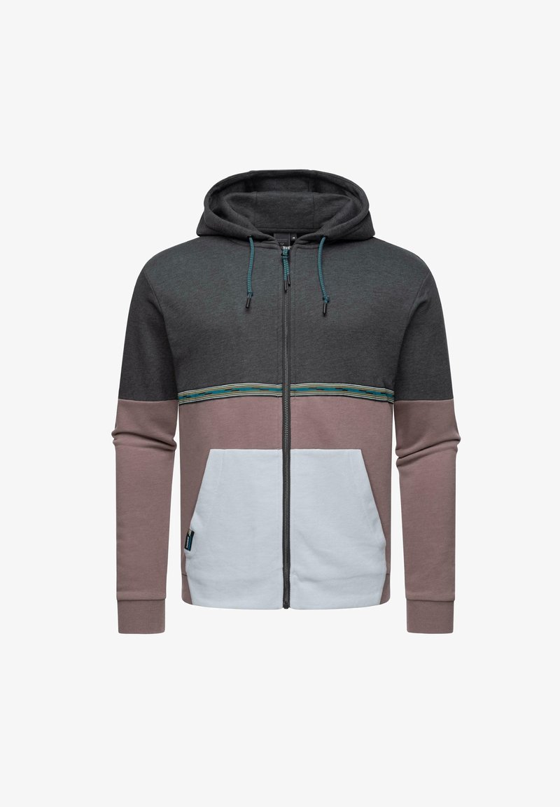 Hettegenser med glidelås som har en fargeblokkdesign i mørkegrått, rosa og hvitt med turkise accenter og frontlommer. Myk stoffkvalitet.