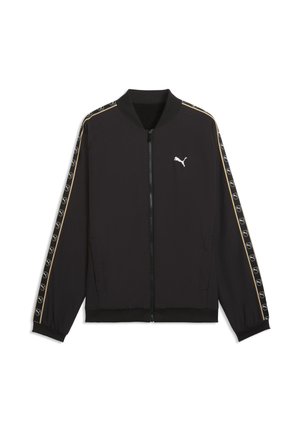 Chaqueta negra de Puma con cremallera, con logo en el pecho izquierdo y cinta de la marca que recorre toda la longitud de ambas mangas con ribete dorado.