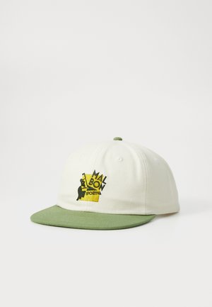 Baseball cap with a cream crown and green brim. Features embroidered yellow and black logo with "MALBON SPORTIVA." Textured cotton material.