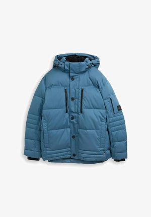 Polstret blå jakke med hætte, der har sorte lynlåslommer, knapper og ribbestrikkede manchetter. Glat tekstur med kviltet design.