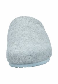 Gray felt slipper with a rounded shape, soft texture, and a light blue rubber sole. Features minimal stitching and a subtle logo detail.