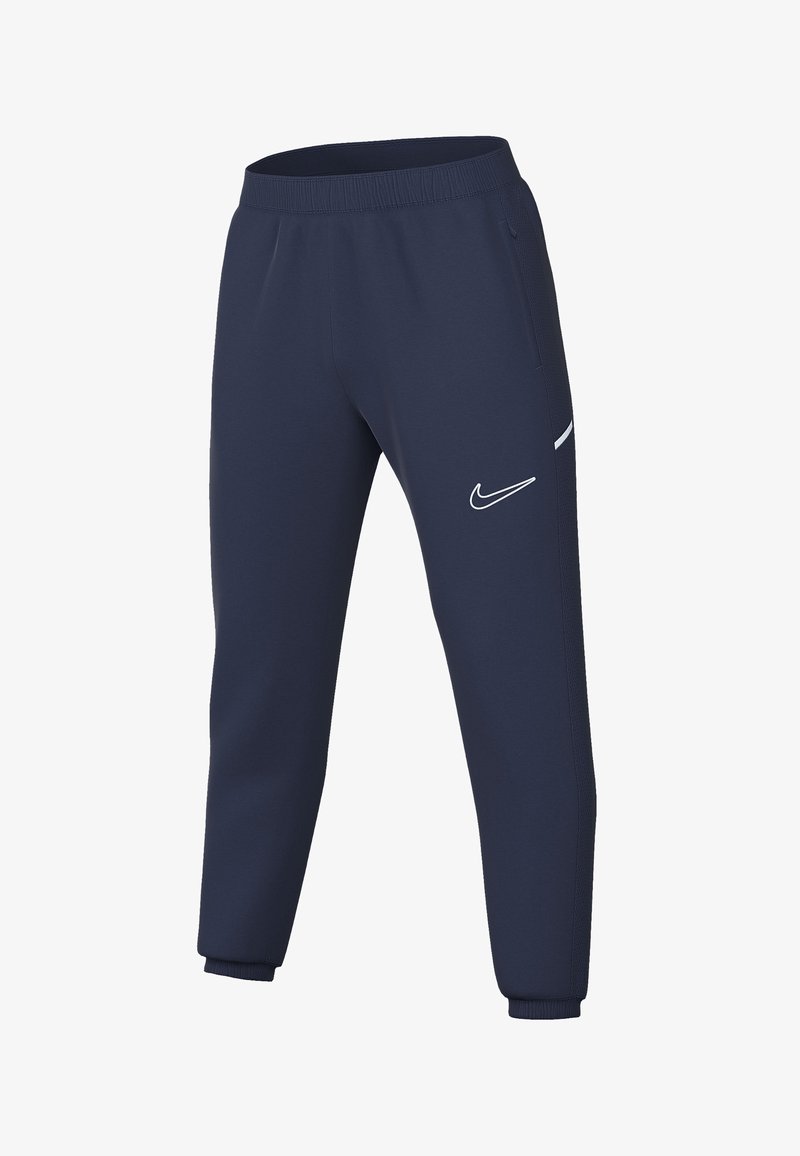 Marineblaue Nike-Sweatpants mit engerem Schnitt, elastischem Bund, Seitentaschen und weißen Logo-Akzenten an der linken Oberschenkel- und Saumkante.