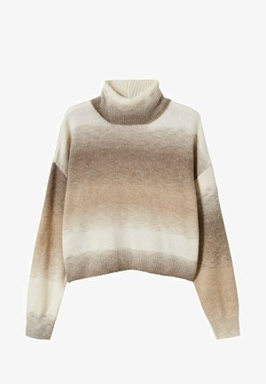 Pull à col roulé dégradé beige et marron avec manches longues, texture en tricot doux et coupe courte. Aucun élément métallique ou motif notable.