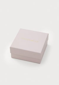 Pink paper box with a smooth texture, featuring a gold logo "Coccinelle" on the top, square shape with a removable lid.