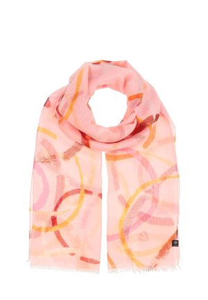 Light pink scarf made of sheer fabric, featuring abstract circular patterns in shades of orange, red, and blush, with fringe edges.
