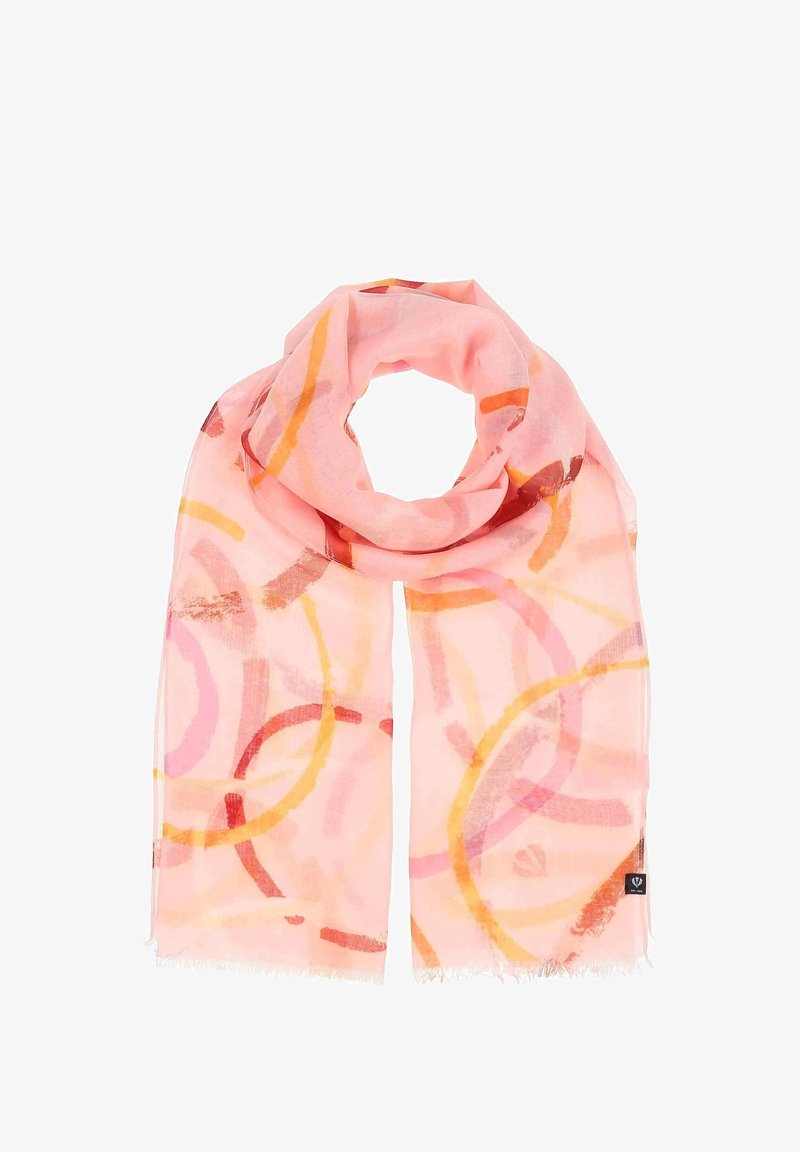 Light pink scarf made of sheer fabric, featuring abstract circular patterns in shades of orange, red, and blush, with fringe edges.