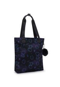 Czarna torba na ramię z kosmicznym wzorem, przedstawiającym konstelacje w niebieskich i fioletowych odcieniach. Zawiera czarno-kulkowy charms oraz solidne paski.