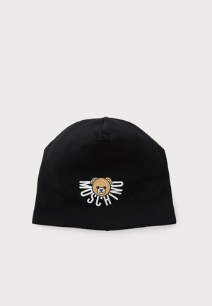 Schwarze Mütze mit einem Bärenmotiv und weißem "Moschino"-Text. Aus weichem Material gefertigt, mit einer runden Form und nahtlosem Design.