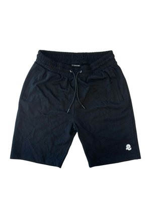 Shorts neri in cotone con vita elastica, coulisse e due tasche laterali. Presenta un logo sulla parte bassa della gamba destra.