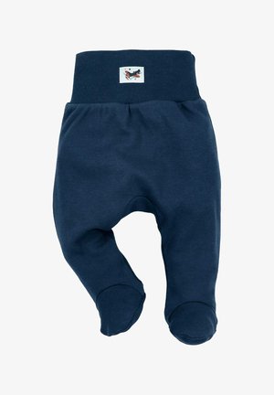 Marineblauwe babybroek van zachte katoen, met een brede elastische tailleband en een voetengedeelte voor warmte en comfort. Kleine geborduurde label.