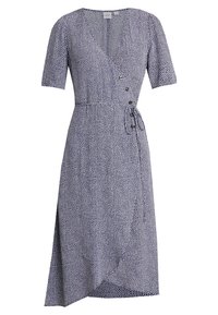 Wickelkleid aus marineblauem Stoff mit weißen Punkten, kurzen Ärmeln, V-Ausschnitt, Taillenzug und seitlichem Schlitz, mit zwei Knopfakzenten an der Taille.