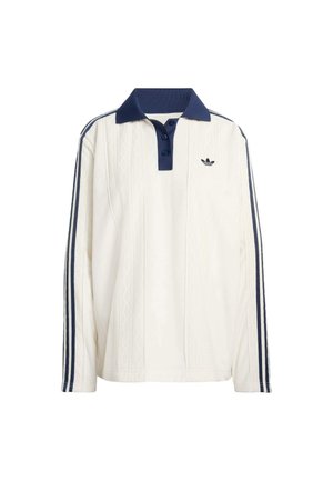 Polo bianca a maniche lunghe con colletto blu navy, tre bottoni, motivo a maglia testurizzato e righe blu navy lungo le maniche. Presenta il logo Adidas.