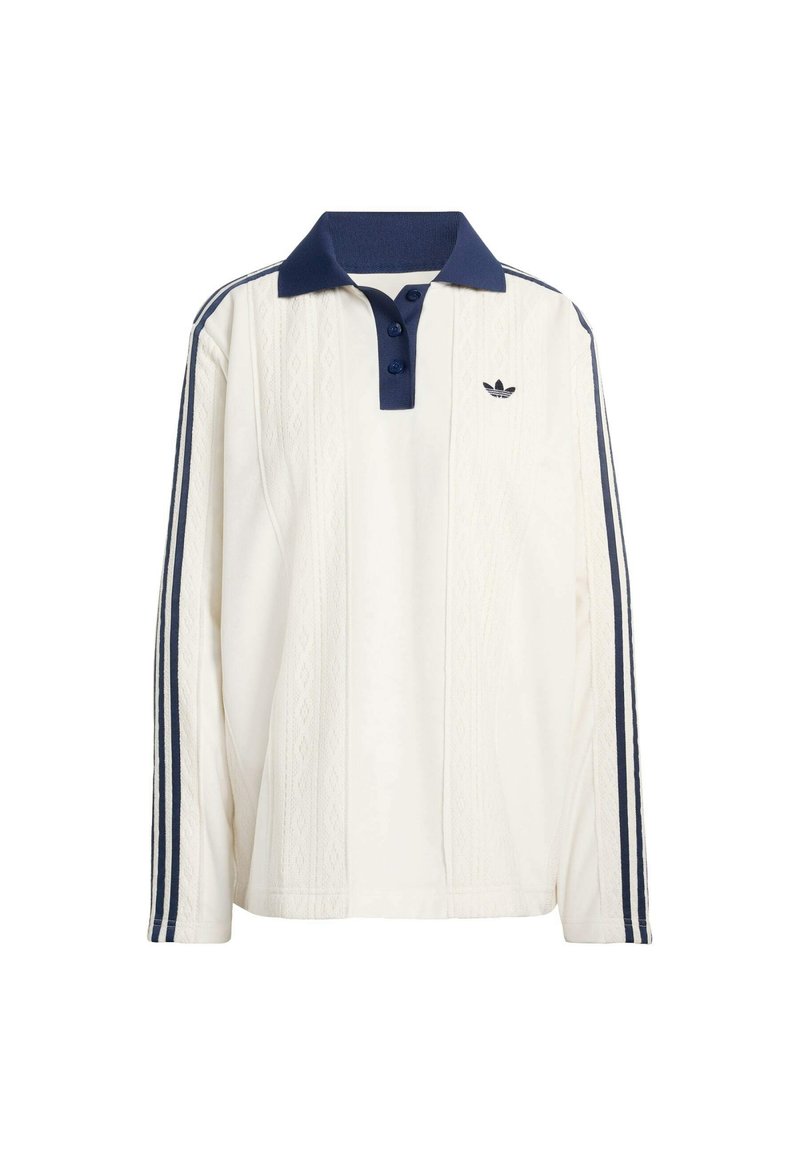 Hvid langærmet poloshirt med navyblå krave, tre knapper, tekstureret strikkemønster og navyblå striber langs ærmerne. Har Adidas-logo.