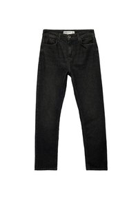 Jeans de mezclilla negra con corte slim, cinco bolsillos, pasadores para cinturón, cierre de botón y una sutil textura horizontal. Sin patrones o acentos visibles.