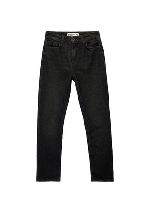 Mustat farkut slim fit -mallilla, viisi taskua, vyölenkit, nappisuljenta ja hieno vaakasuuntainen rakenne. Ei näkyviä kuvioita tai korosteita.