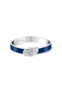 Bracciale rigido smaltato blu navy con chiusura in tono argento, caratterizzato da un design a maglia decorato con pietre di strass trasparenti. "FURLA" inciso all'interno.