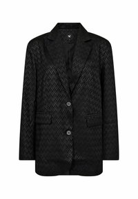 Black blazer made of a textured fabric with a checkered pattern, featuring two buttons, notch lapels, and front pockets.