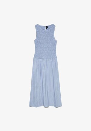 Robe midi sans manches bleu clair avec corsage froncé et fines rayures verticales sur la jupe fluide, dotée d'un col rond et d'une fermeture au dos avec boutons.