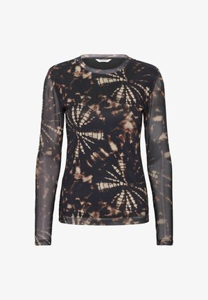 Pitkähihaisia paita musta- ja ruskeasävyisellä tie-dye-kuvioinnilla, jossa on pyöreä pääntie, läpinäkyvät hihat ja tiukka muotoilu.