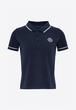 Granatowa koszulka polo z białymi akcentami. Ma kołnierz, trzy guziki z przodu oraz logo na lewej piersi. Wykonana z oddychającej tkaniny.