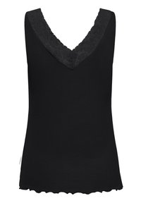 Débardeur noir avec un col en V orné de dentelle, texture côtelée et ourlet festonné. Tissu lisse avec une coupe ajustée.