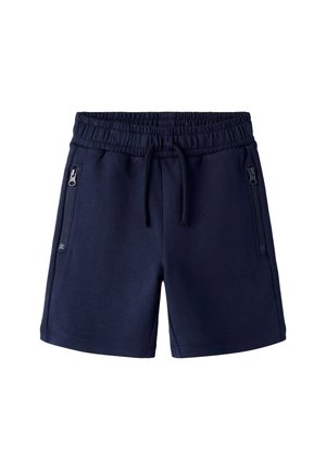 Navyblå afslappede shorts med elastisk taljebånd, justerbar snøre og lynlåslommer på begge sider.