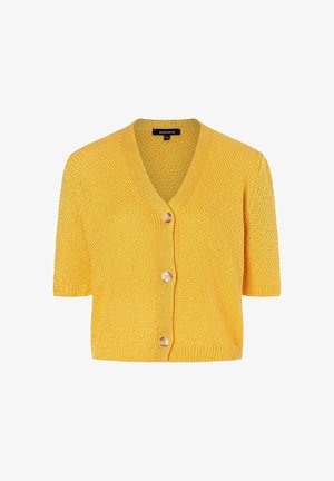 Yellow short-sleeve knitted cardigan featuring a deep V-neck, textured fabric, and three wooden buttons down the front.
