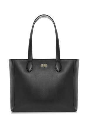 Czarna skórzana torba typu tote z podwójnymi uchwytami i złotym logo "OCHNIK" umieszczonym na środku z przodu.