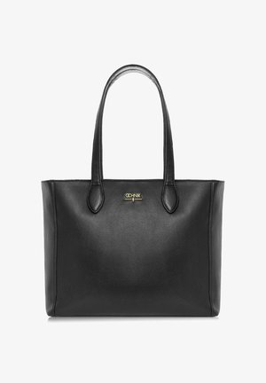 Czarna skórzana torba typu tote z podwójnymi uchwytami i złotym logo "OCHNIK" umieszczonym na środku z przodu.