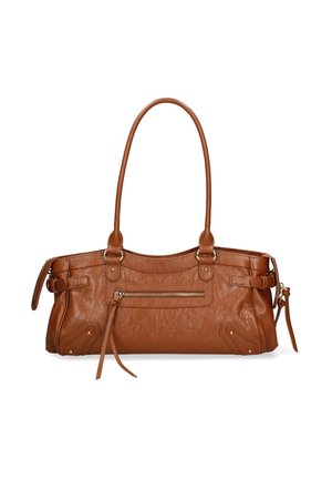 Borsa in pelle marrone con manici lunghi, tasca frontale con zip e nappina, dettagli con fibbie laterali e superficie leggermente testurizzata.