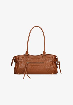 Brown leather handbag with long handles, front zip pocket with tassel, side buckle details, and slightly textured surface.