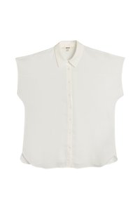 Blusa bianca a maniche corte realizzata in tessuto morbido, con chiusura a bottoni sul davanti e colletto classico. Orlo arrotondato e vestibilità rilassata.
