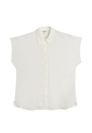 Blusa bianca a maniche corte realizzata in tessuto morbido, con chiusura a bottoni sul davanti e colletto classico. Orlo arrotondato e vestibilità rilassata.