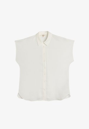 White short-sleeve blouse made of smooth fabric with a button-down front and a classic collar. Rounded hem and relaxed fit.