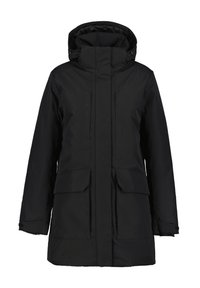 Cappotto invernale lungo nero con cappuccio, cerniera frontale coperta da un lembo, due grandi tasche frontali con flap e polsini regolabili.