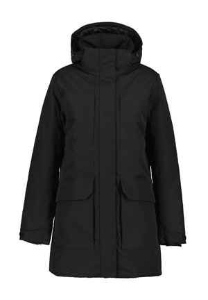 Sort lang vinterjakke med hætte, frontlynlås dækket af en flap, to store frontlommer med flap og justerbare manchetter.