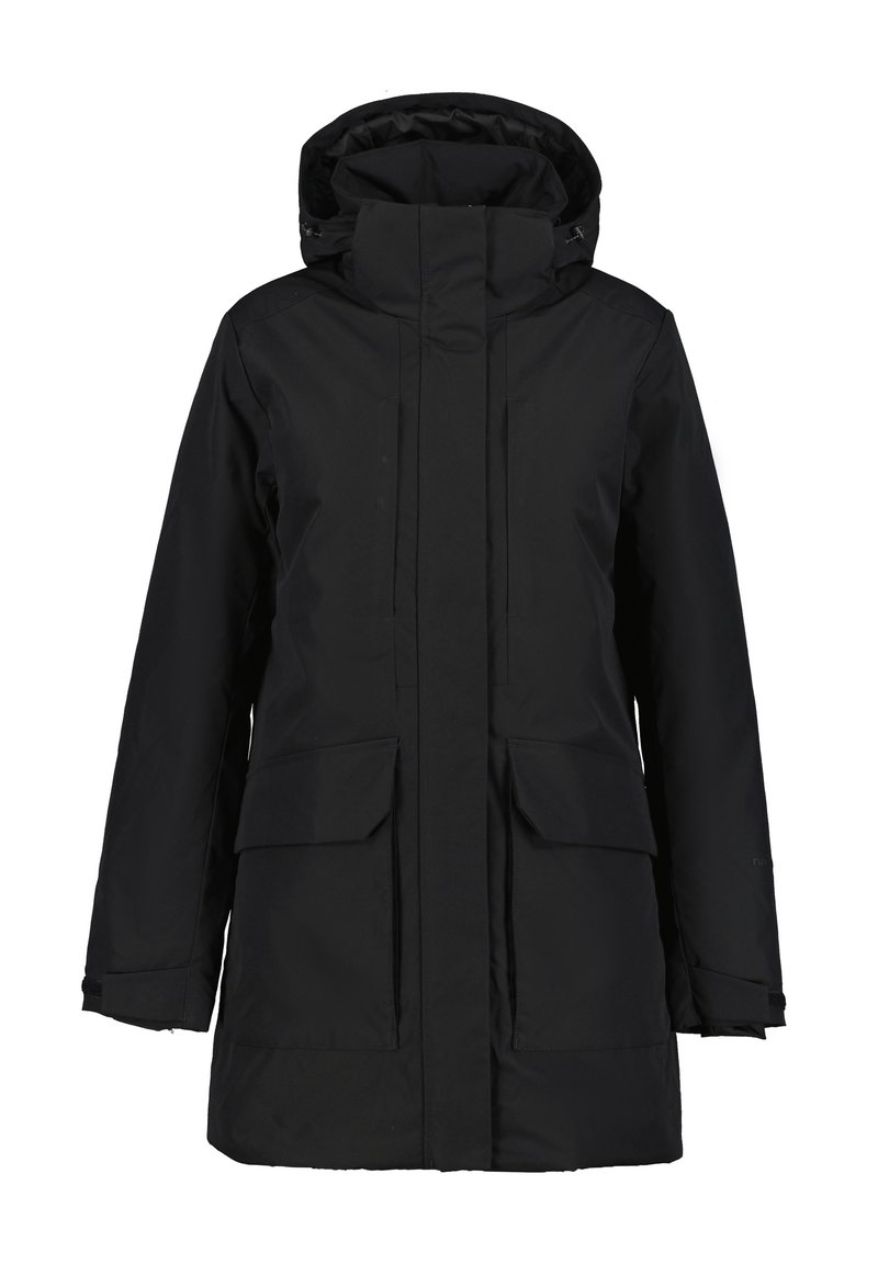 Cappotto invernale lungo nero con cappuccio, cerniera frontale coperta da un lembo, due grandi tasche frontali con flap e polsini regolabili.