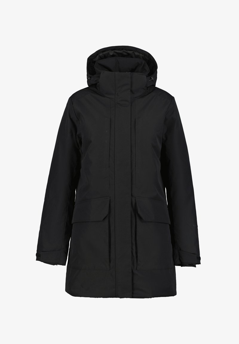 Cappotto invernale lungo nero con cappuccio, cerniera frontale coperta da un lembo, due grandi tasche frontali con flap e polsini regolabili.