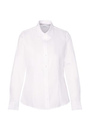Weißes Langarmshirt aus glattem Stoff, mit einem spitzen Kragen und einer Knopfleiste vorne in taillierter Passform.