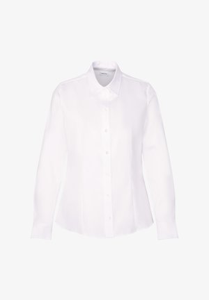 Camicetta bianca a maniche lunghe realizzata in tessuto morbido, con colletto a punta e chiusura frontale con bottoni, dal taglio sartoriale.